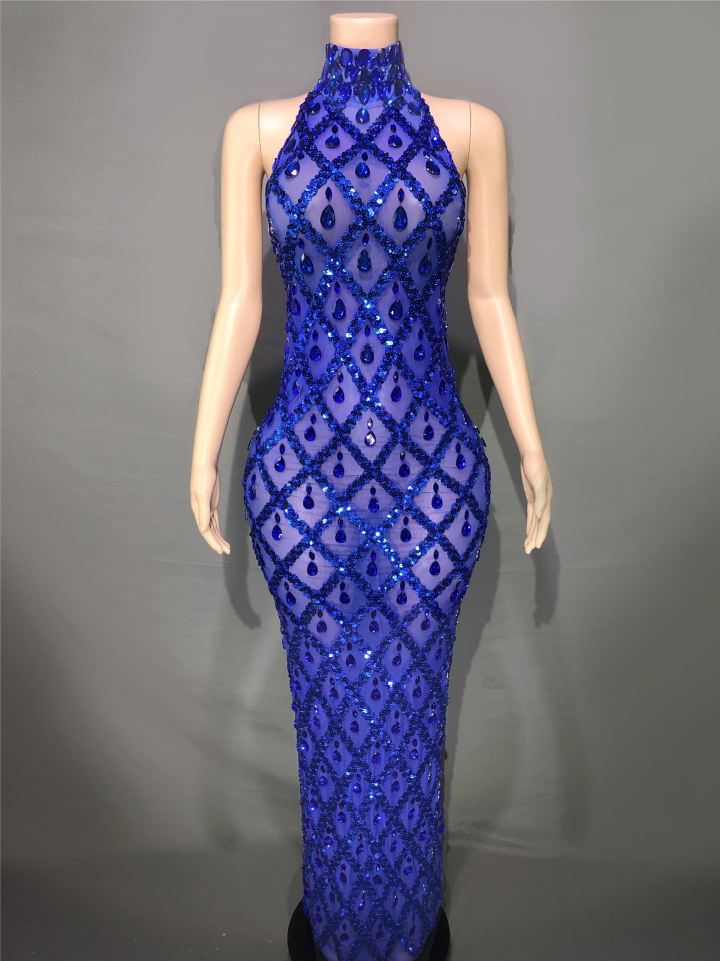 Plus Size Women’s Evening Party Shiny Rhinestone Dress - Blue Bottomed Blue Stripes / S