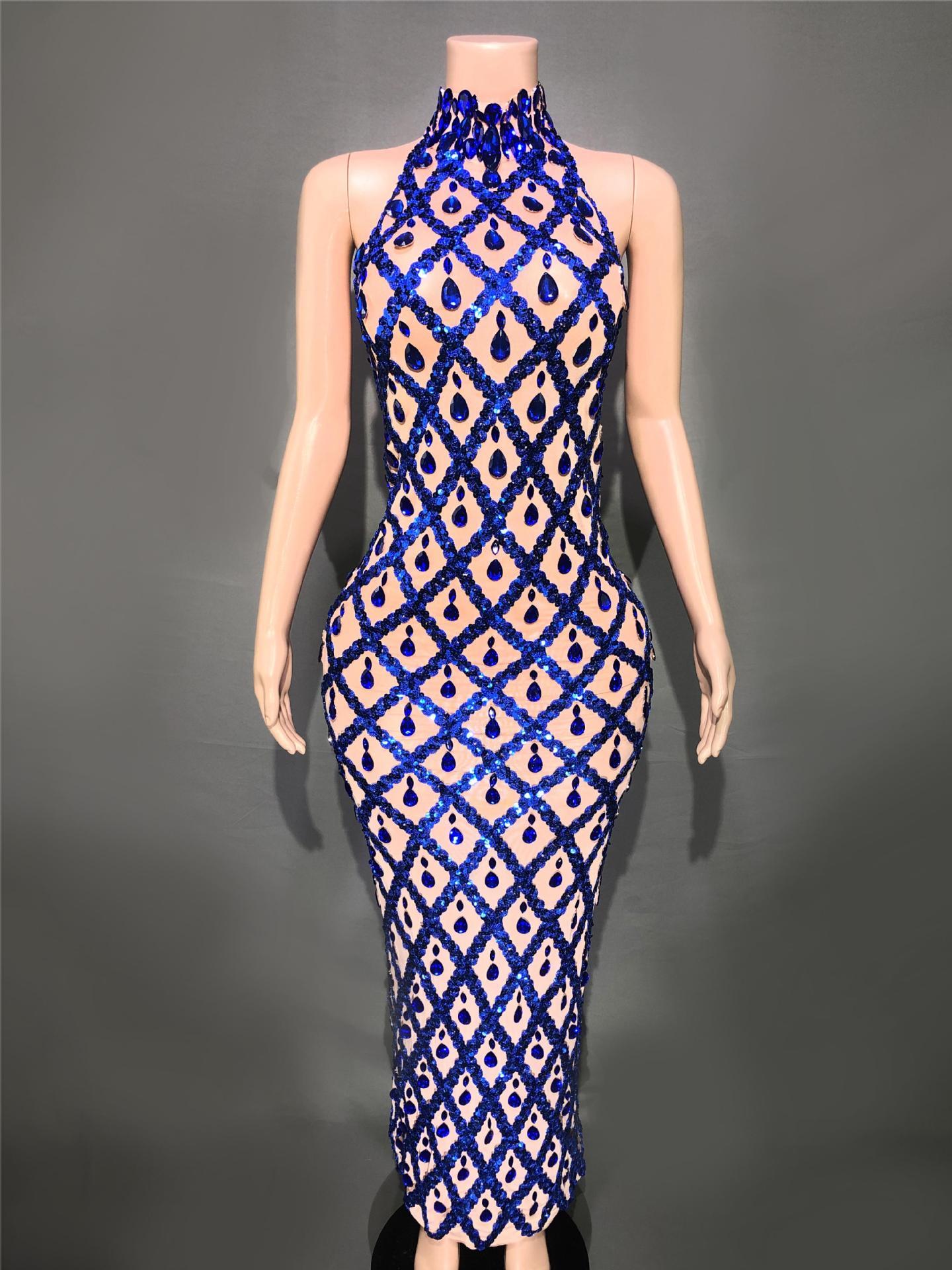 Plus Size Women’s Evening Party Shiny Rhinestone Dress - Blue Stripes On Skin Bottom / S