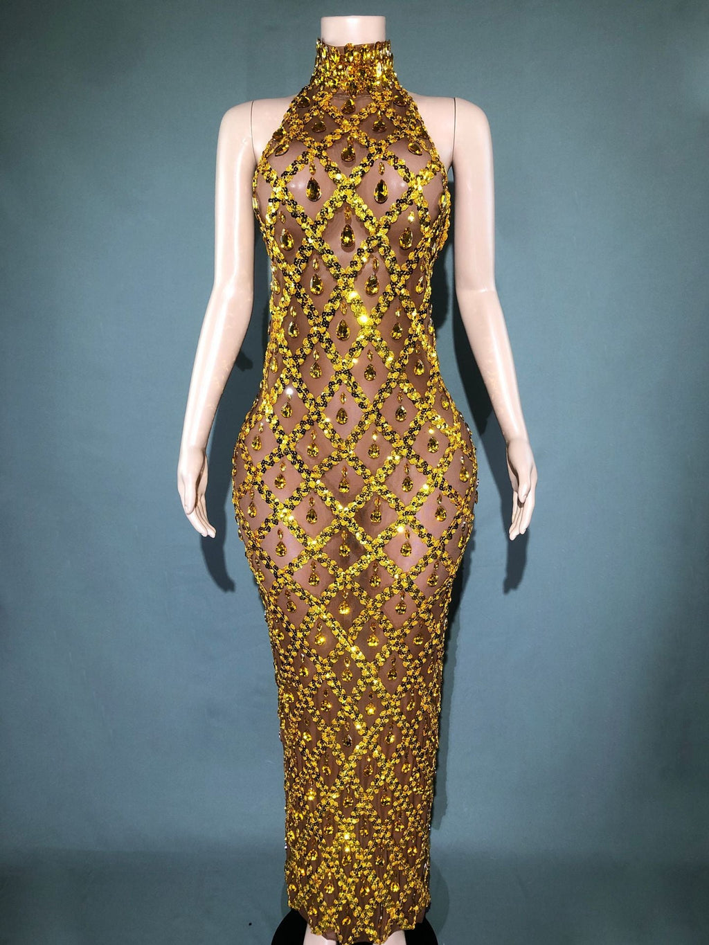 Plus Size Women’s Evening Party Shiny Rhinestone Dress - Coffee Bottom · Gold Bar / S