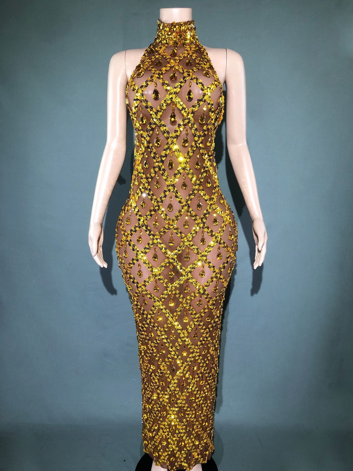 Plus Size Women’s Evening Party Shiny Rhinestone Dress - Coffee Bottom · Gold Bar / S