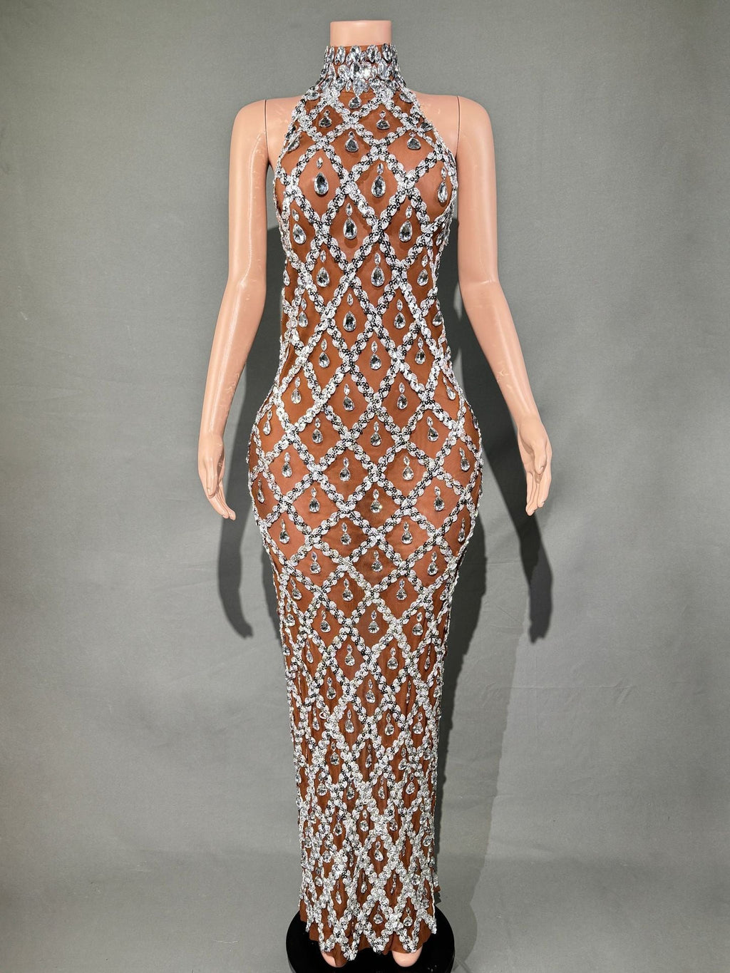 Plus Size Women’s Evening Party Shiny Rhinestone Dress - Coffee Bottom Silver Bar / S