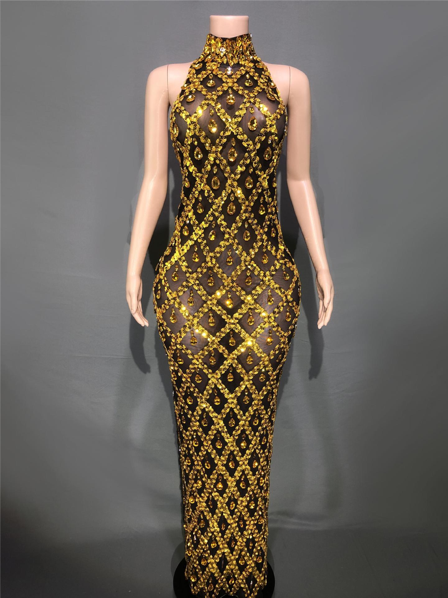Plus Size Women’s Evening Party Shiny Rhinestone Dress - Gold Bars On Black Background / S