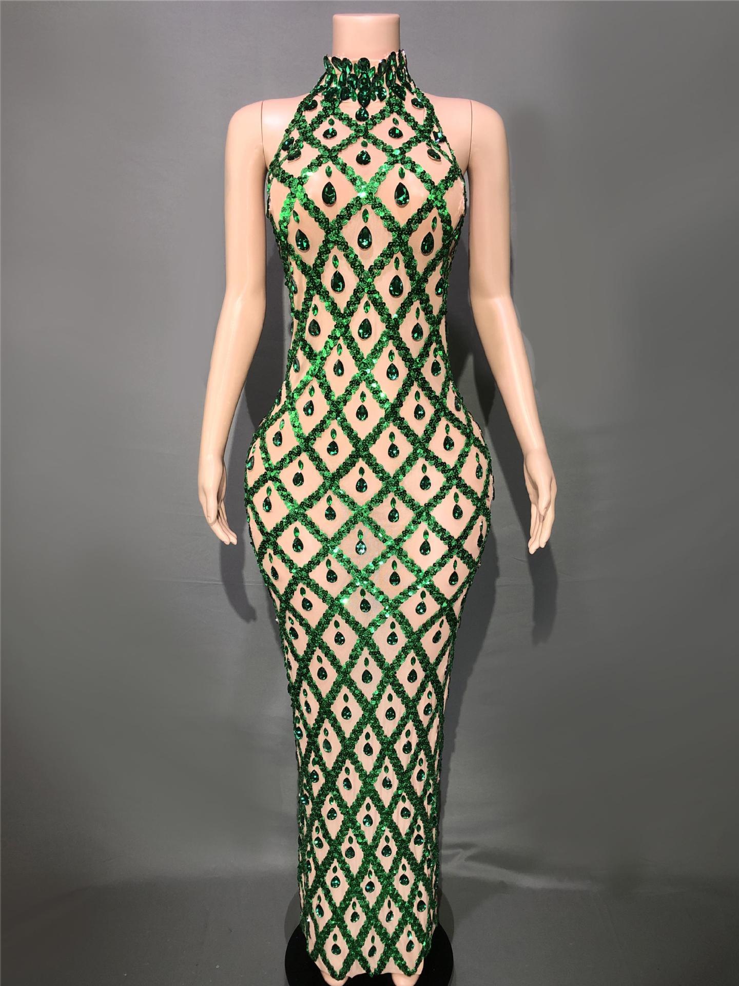 Plus Size Women’s Evening Party Shiny Rhinestone Dress - Green Stripes On Skin / S