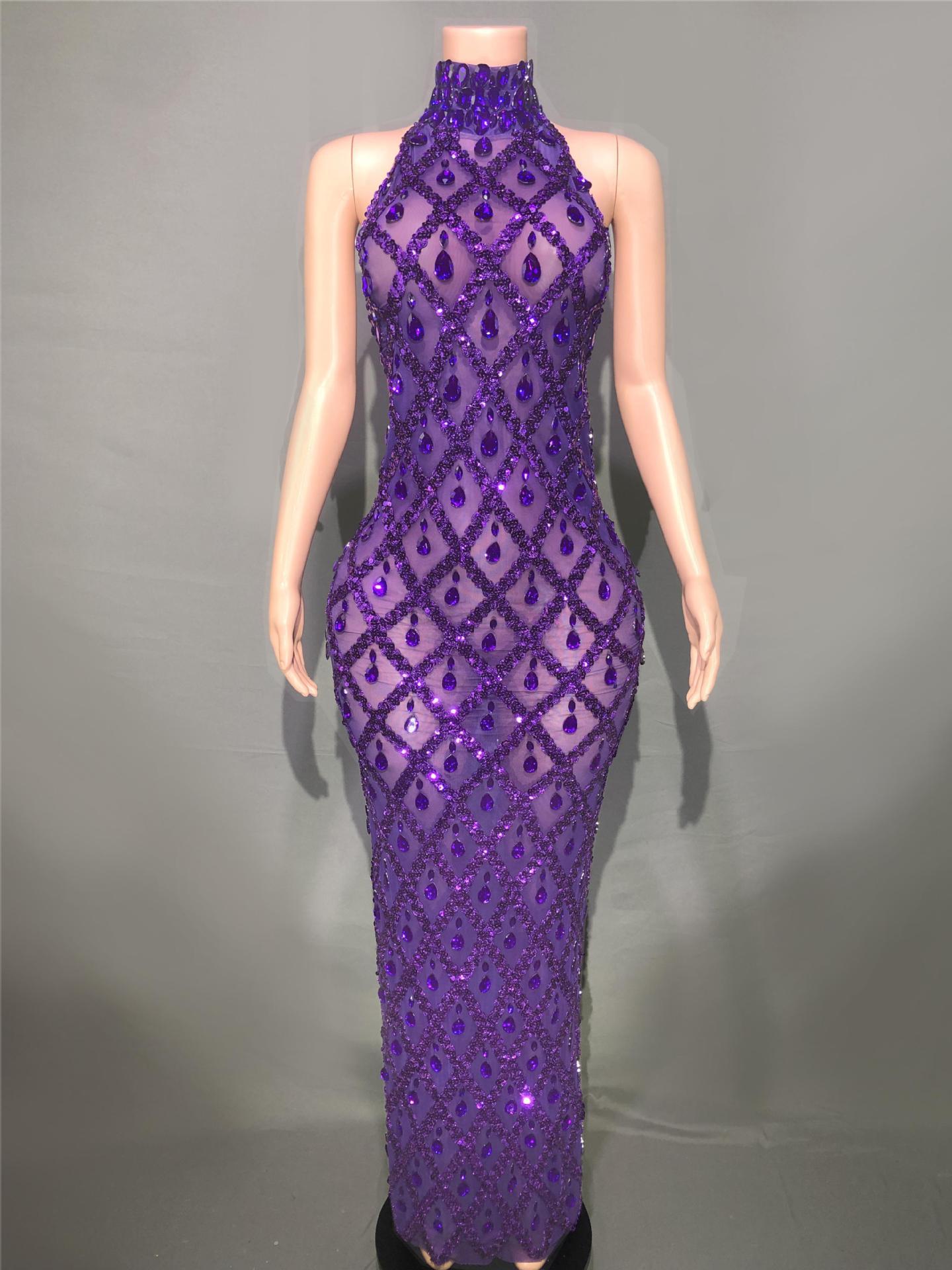Plus Size Women’s Evening Party Shiny Rhinestone Dress - Purple Stripe / S
