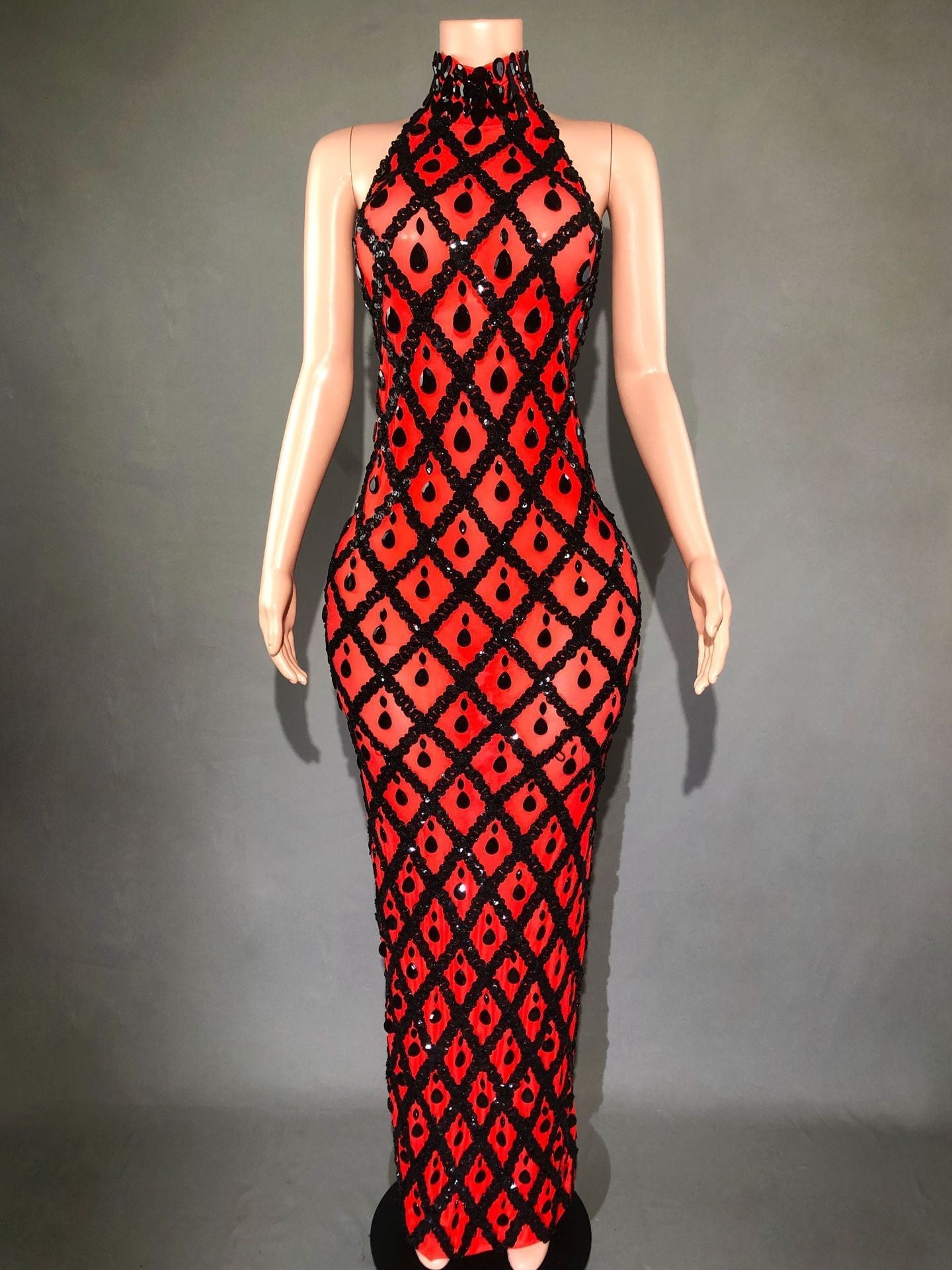Plus Size Women’s Evening Party Shiny Rhinestone Dress - Red And Black Strips / S