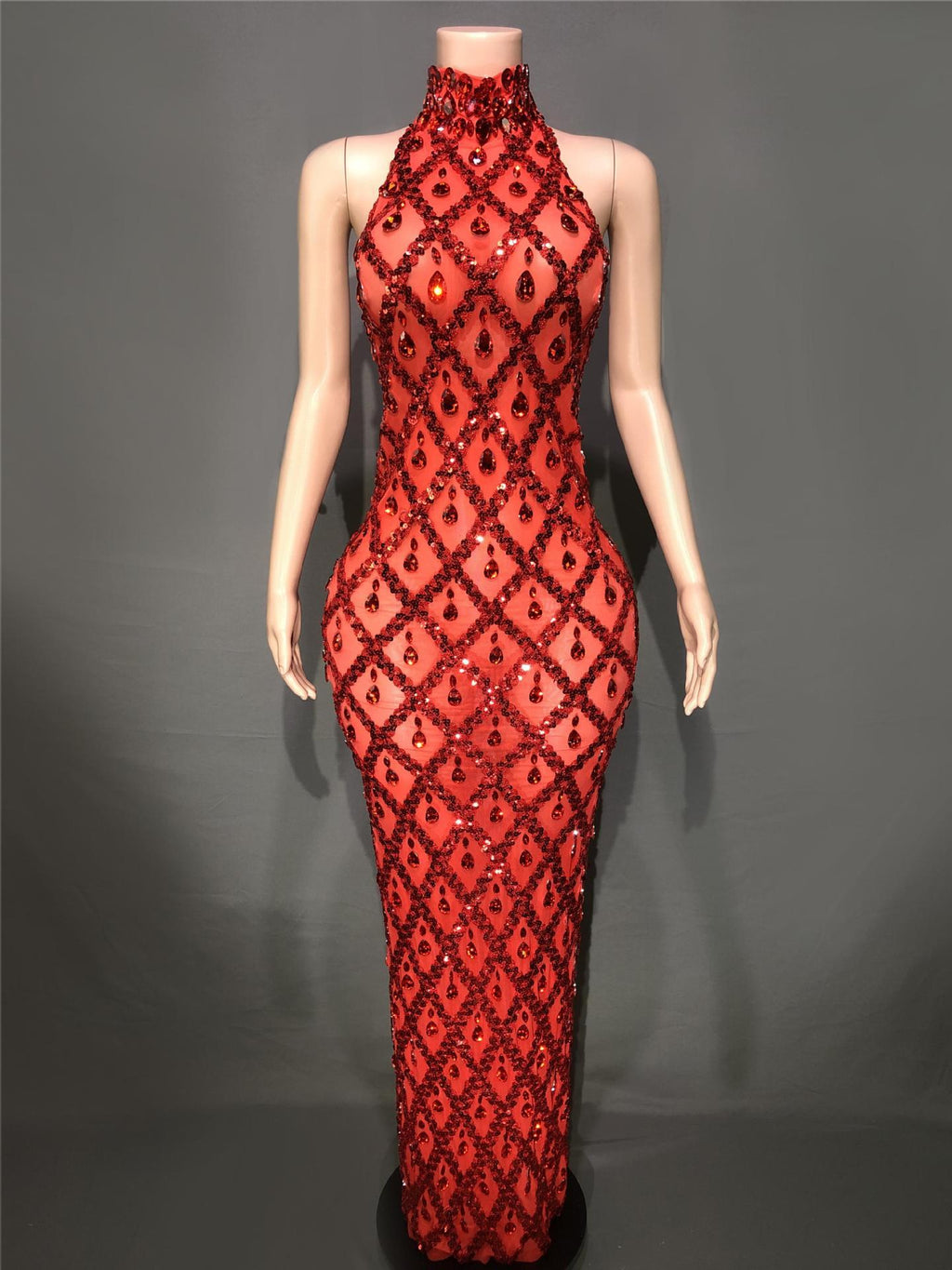 Plus Size Women’s Evening Party Shiny Rhinestone Dress - Red Stripes On Red Background / S