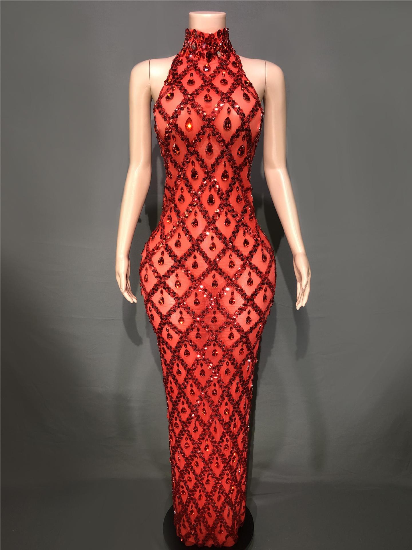 Plus Size Women’s Evening Party Shiny Rhinestone Dress - Red Stripes On Red Background / S