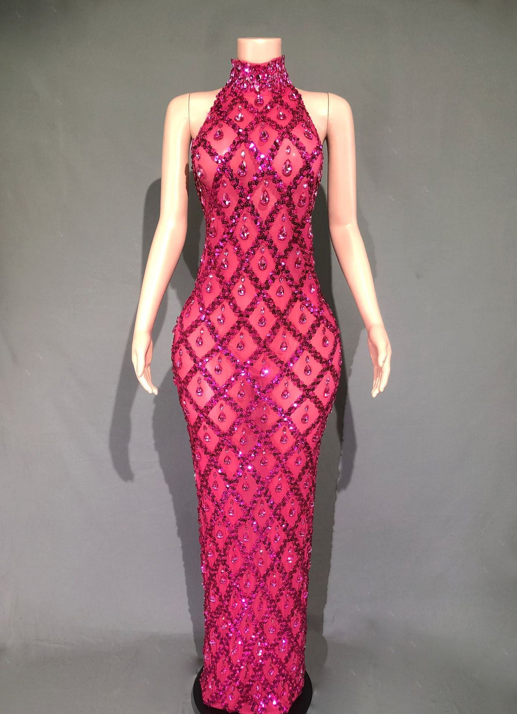 Plus Size Women’s Evening Party Shiny Rhinestone Dress - Rose Red Stripe / S