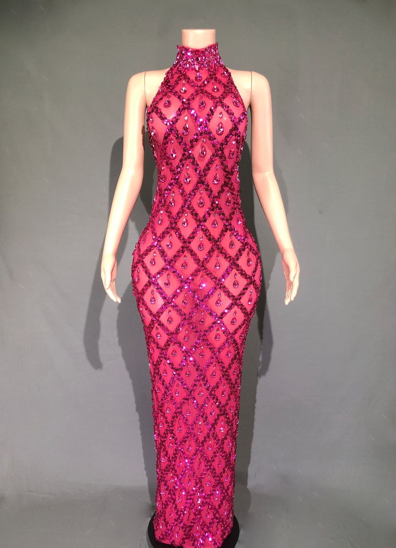 Plus Size Women’s Evening Party Shiny Rhinestone Dress - Rose Red Stripe / S