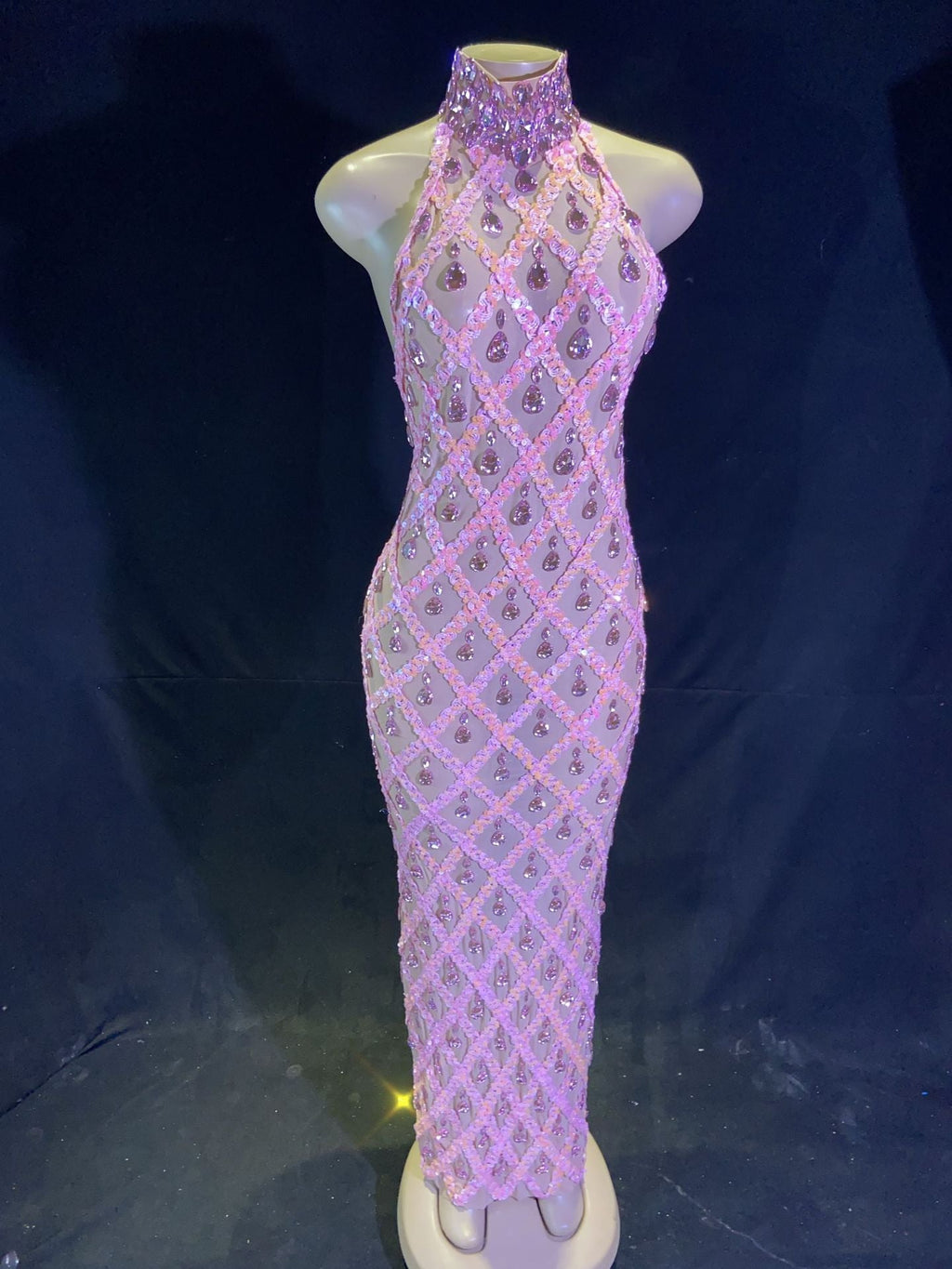 Plus Size Women’s Evening Party Shiny Rhinestone Dress - Skin Bottom Vermicelli / S