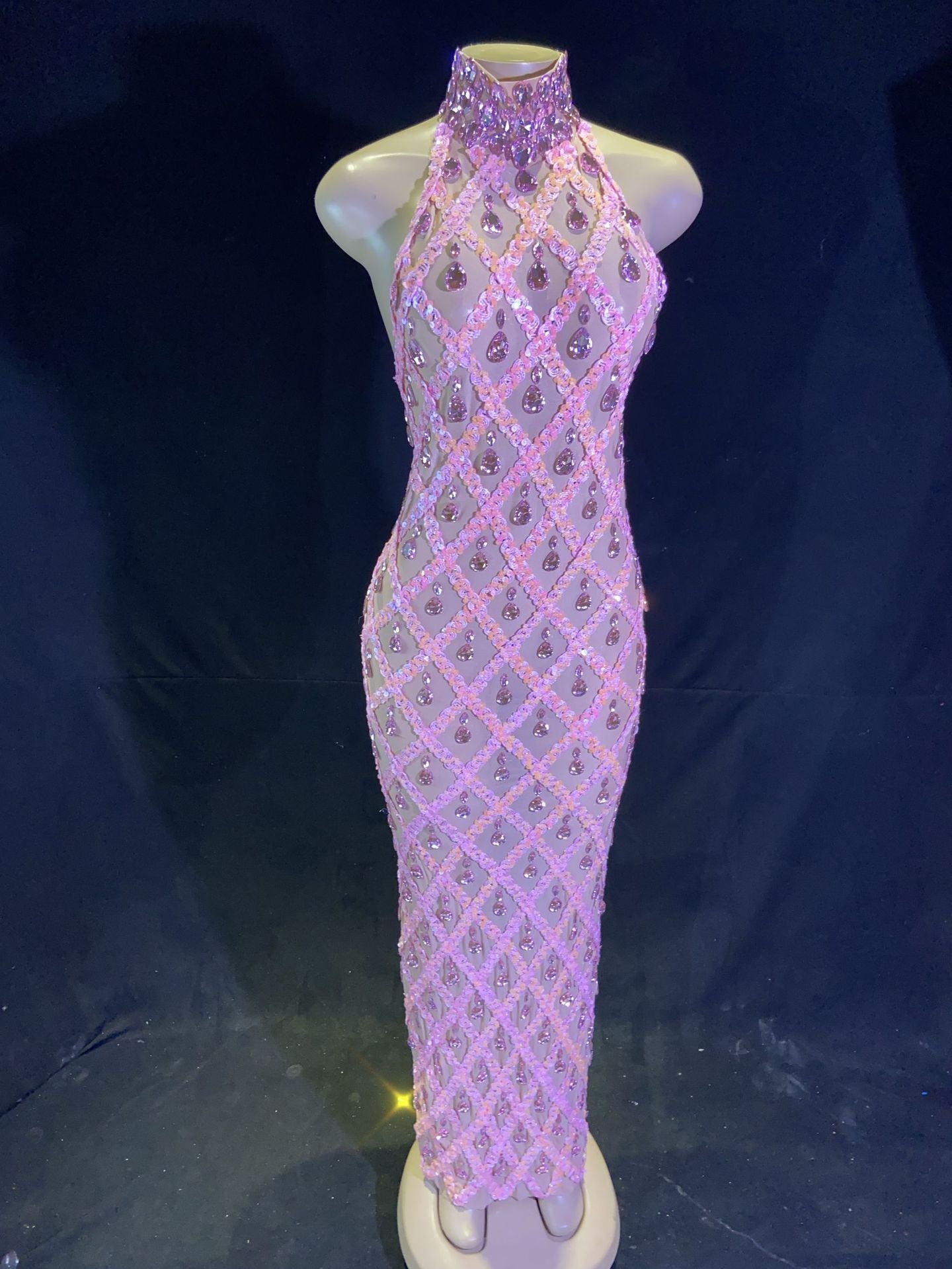 Plus Size Women’s Evening Party Shiny Rhinestone Dress - Skin Bottom Vermicelli / S