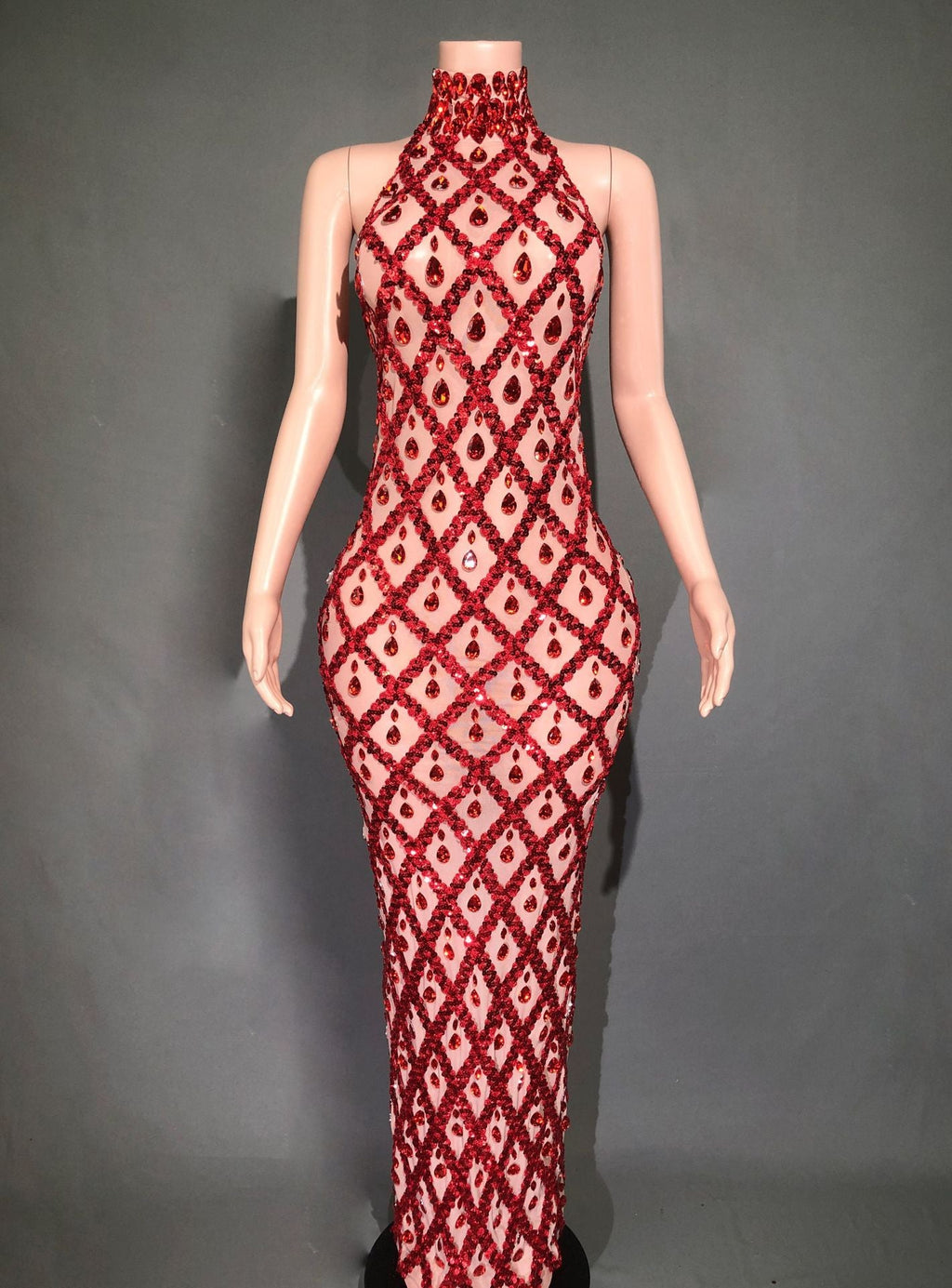 Plus Size Women’s Evening Party Shiny Rhinestone Dress - Skin Bottom Red Stripes / S