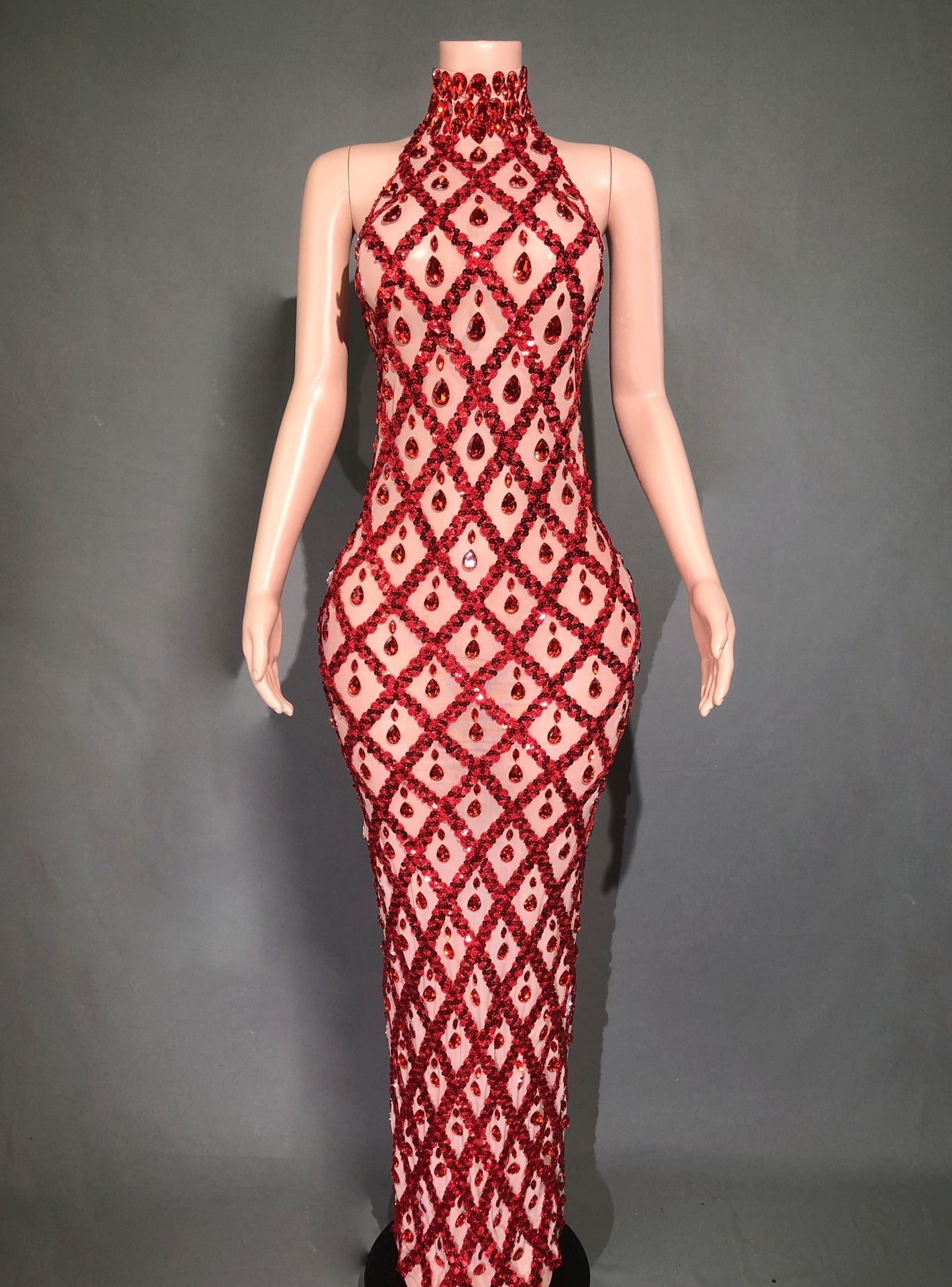 Plus Size Women’s Evening Party Shiny Rhinestone Dress - Skin Bottom Red Stripes / S