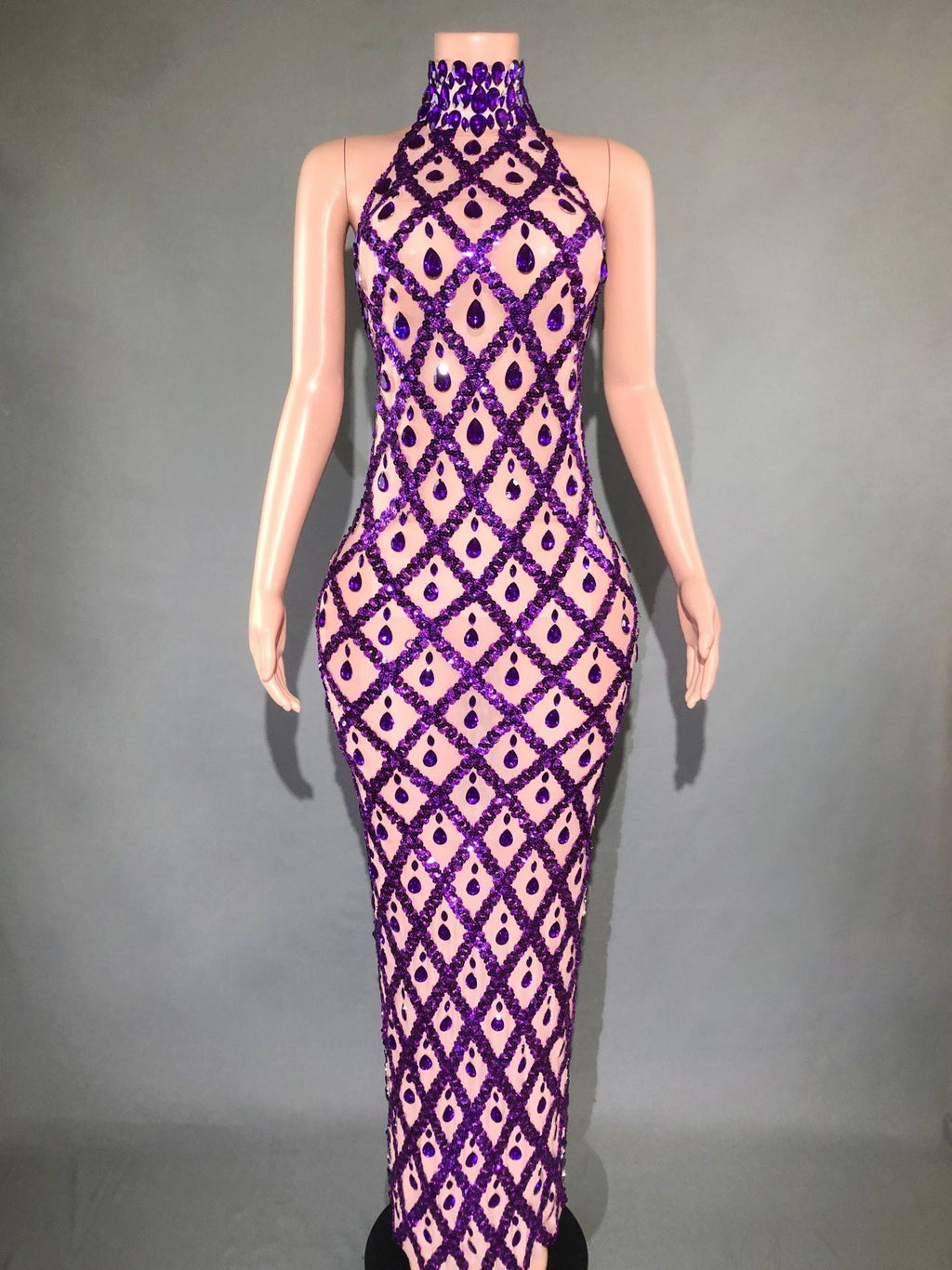 Plus Size Women’s Evening Party Shiny Rhinestone Dress - Skin Bottom Purple Stripe / S