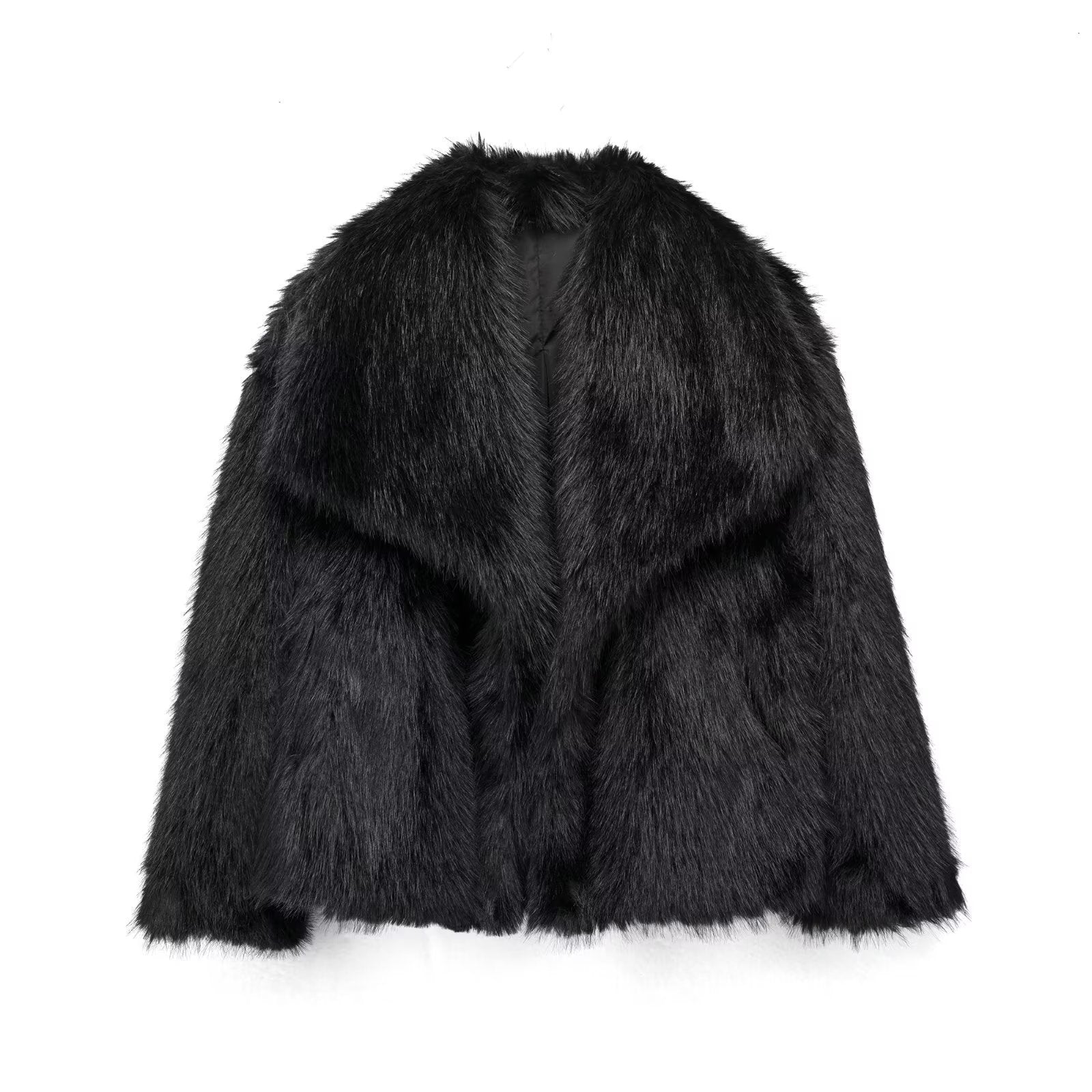 Winter Plush Coat Fashion Thicken Lapel Outwear Casual Long Sleeve Tops Womens Clothing - Black / XS