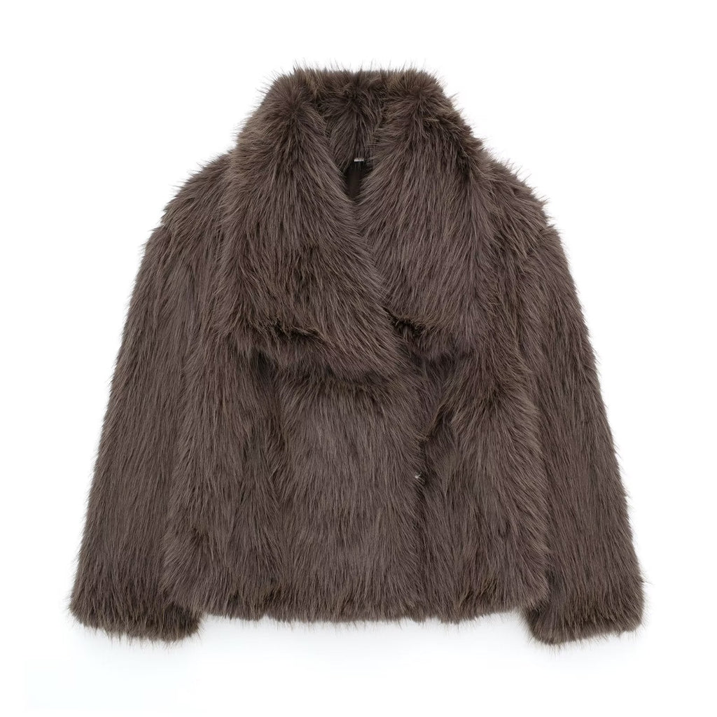 Winter Plush Coat Fashion Thicken Lapel Outwear Casual Long Sleeve Tops Womens Clothing - Brown / XS