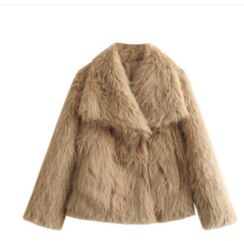 Winter Plush Coat Fashion Thicken Lapel Outwear Casual Long Sleeve Tops Womens Clothing - Camel / XS