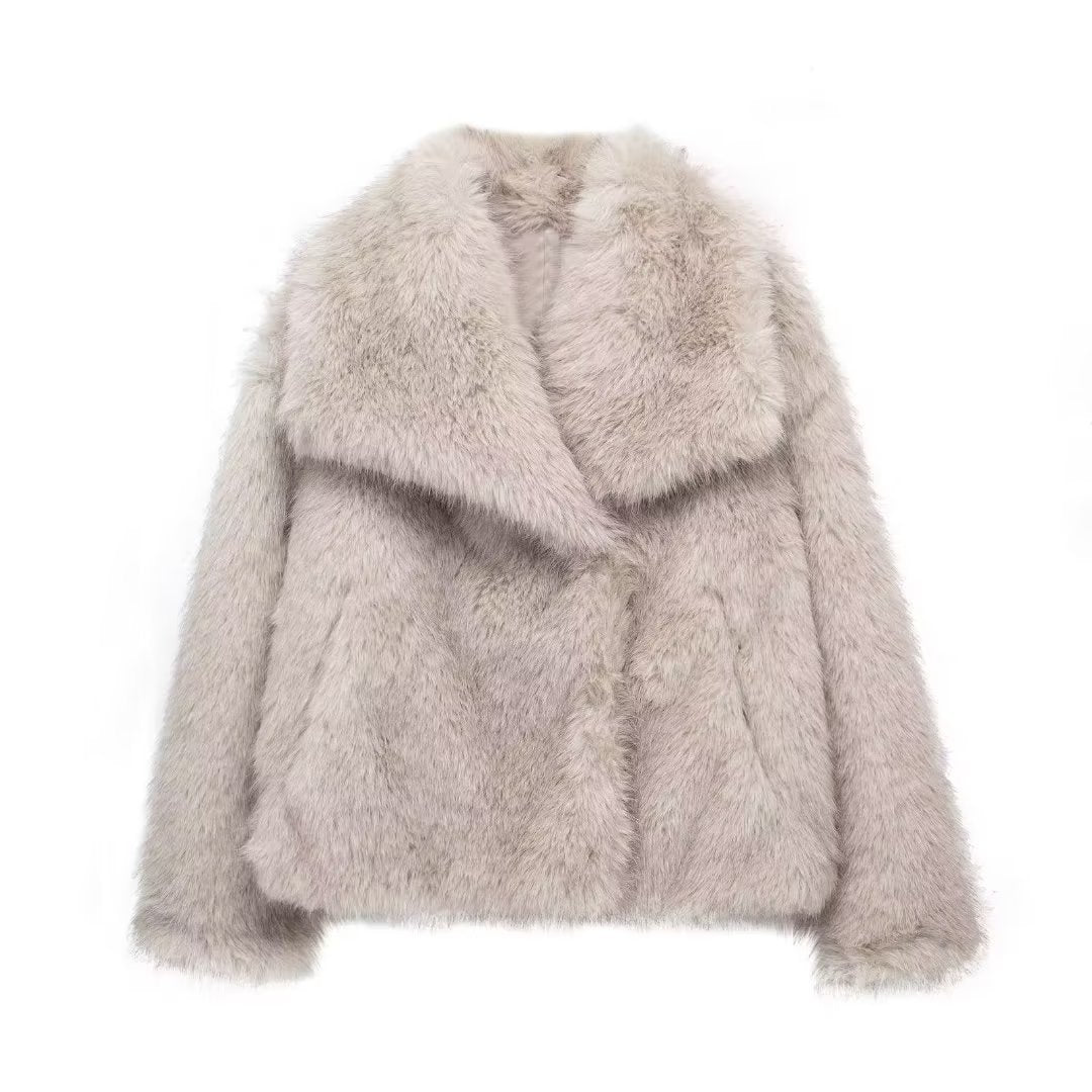 Winter Plush Coat Fashion Thicken Lapel Outwear Casual Long Sleeve Tops Womens Clothing - Greige / XS