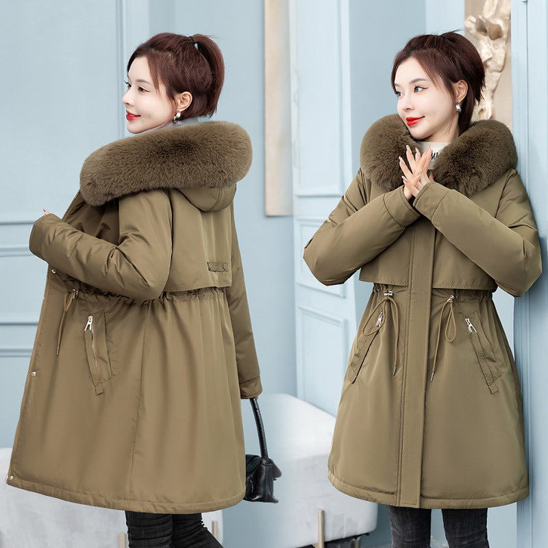Women’s Mid-length Loose Cotton Coat Fleece-lined Thickened Cinched Coat