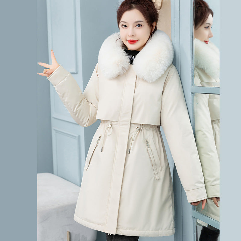 Women’s Mid-length Loose Cotton Coat Fleece-lined Thickened Cinched Coat - Beige / M
