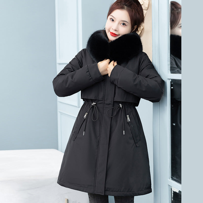 Women’s Mid-length Loose Cotton Coat Fleece-lined Thickened Cinched Coat - Black / M