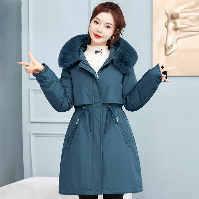 Women’s Mid-length Loose Cotton Coat Fleece-lined Thickened Cinched Coat - Preserved Egg Green / M