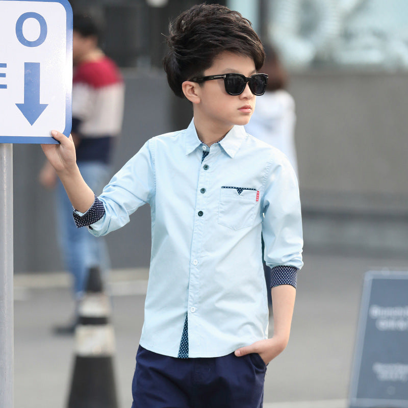 Student Spring And Autumn Trendy Fan Lapel Polka Dot Shirt - Blue / 120cm