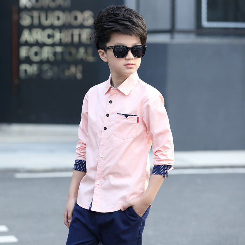 Student Spring And Autumn Trendy Fan Lapel Polka Dot Shirt - Pink / 120cm