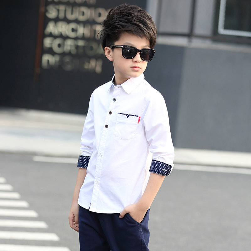 Student Spring And Autumn Trendy Fan Lapel Polka Dot Shirt - White / 120cm