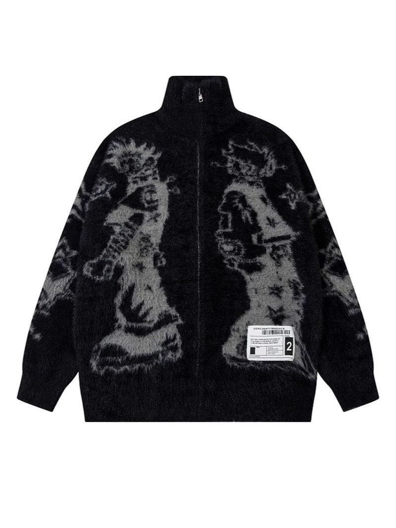 Polyester Fall Winter Men’s Knitted Sweater - Black Mink Fur Bristle / M