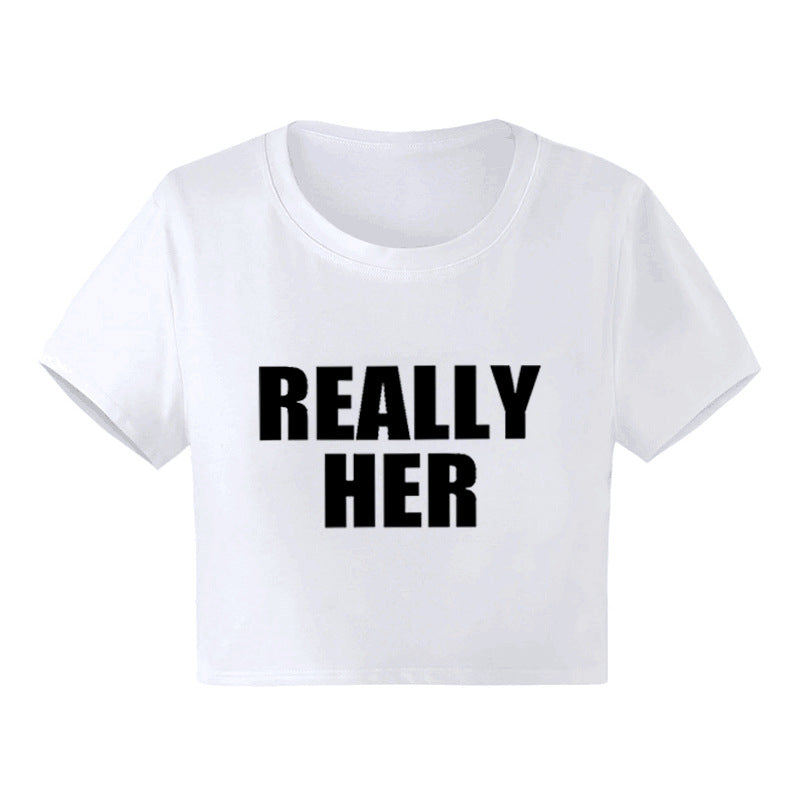 Fashion Letter Pattern Printed Short Top Navel T-shirt - 40638WT01BAI / S