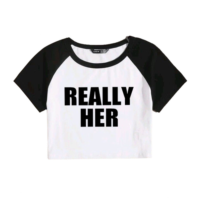 Fashion Letter Pattern Printed Short Top Navel T-shirt - 40638WT01BHEI / S