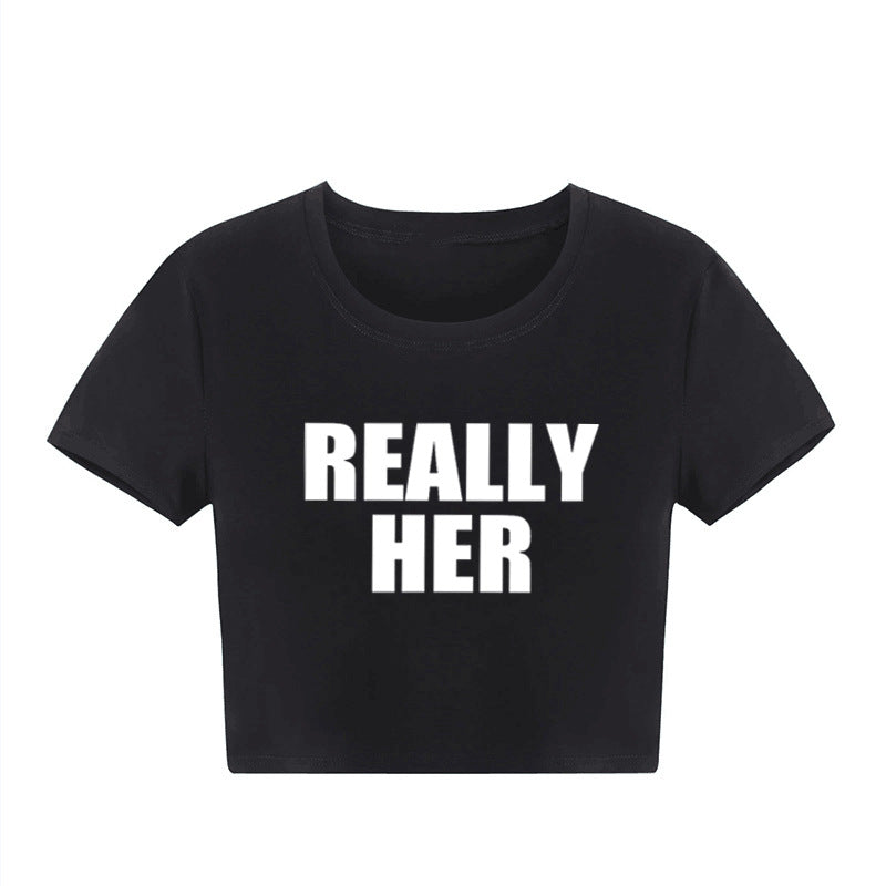 Fashion Letter Pattern Printed Short Top Navel T-shirt - 40638WT01HEI / S