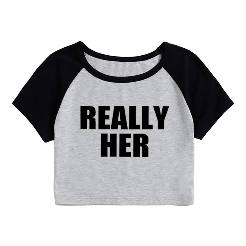 Fashion Letter Pattern Printed Short Top Navel T-shirt - 40638WT01HHEI / S