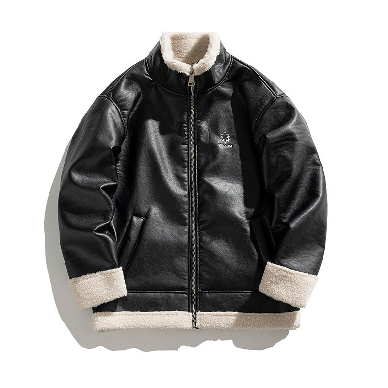 Lambswool PU Leather Thickened Warm Cotton Jacket - Black / M