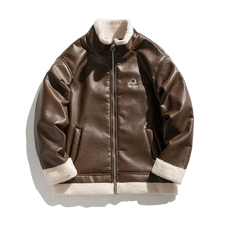 Lambswool PU Leather Thickened Warm Cotton Jacket - Brown / M