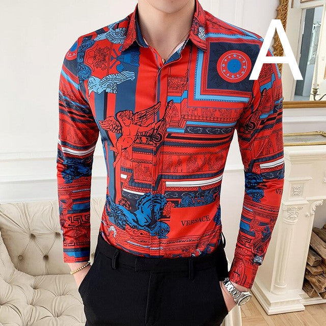 Print Shirt Masculina Baroque Slim Party Men Shirt - A / 2XL
