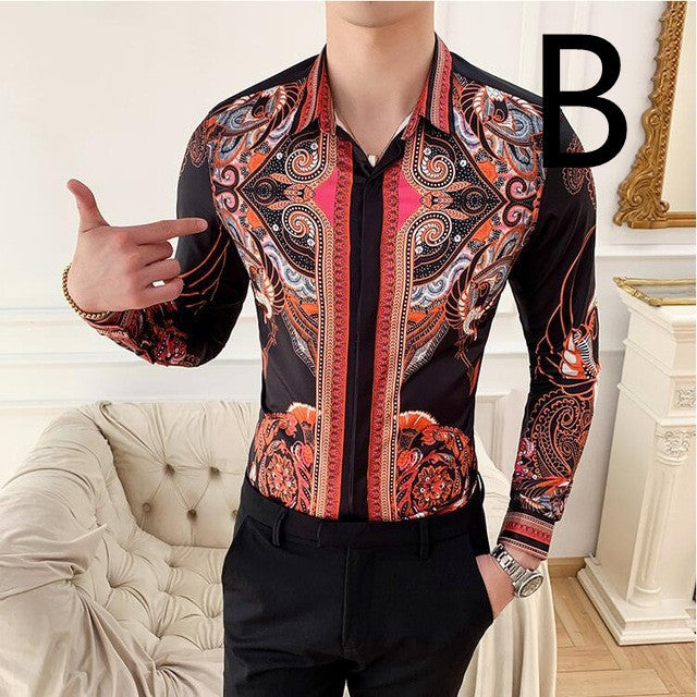Print Shirt Masculina Baroque Slim Party Men Shirt - B / 2XL