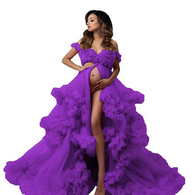 Pregnant Mom One Shoulder Mesh Dress Photography Dress - Dark Purple / S