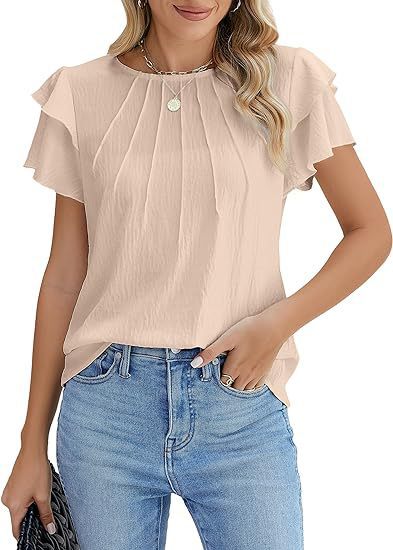 Summer Pleated Short Sleeve Round Neck Top Business Work Shirt - Apricot / S
