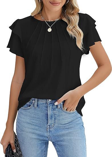Summer Pleated Short Sleeve Round Neck Top Business Work Shirt - Black / S