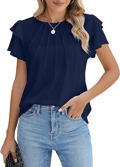Summer Pleated Short Sleeve Round Neck Top Business Work Shirt - Dark Blue / S