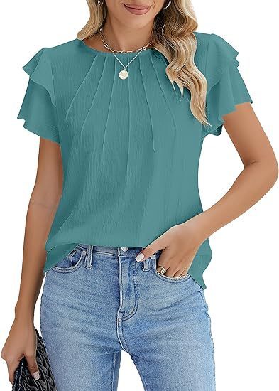Summer Pleated Short Sleeve Round Neck Top Business Work Shirt - Green / S