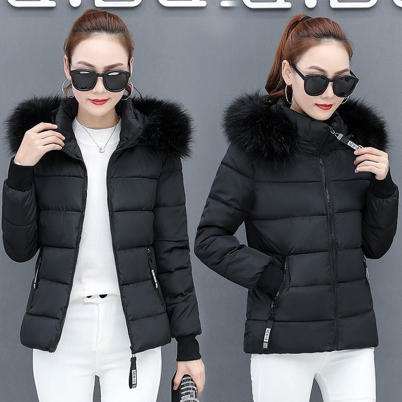 Thicken Big Fur Collar Plus Size Fat Sister Cotton-padded Coat - Black / M