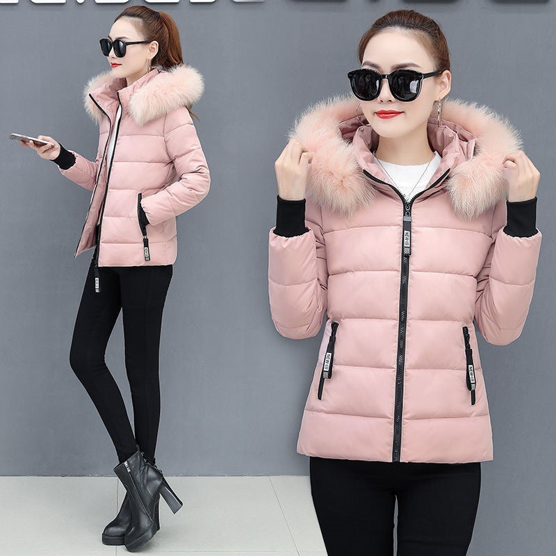 Thicken Big Fur Collar Plus Size Fat Sister Cotton-padded Coat - Pink / M