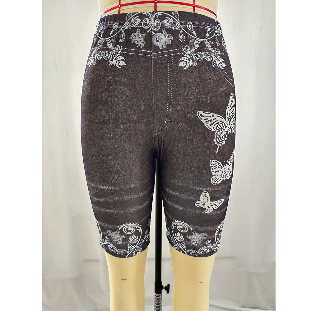 Printed Denim Butterfly Sports Leggings - Black / S