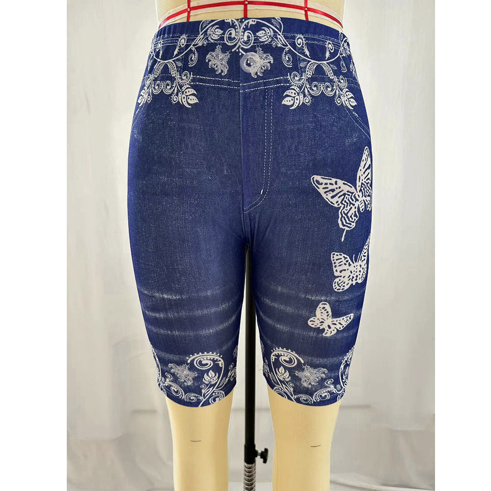Printed Denim Butterfly Sports Leggings - Dark Blue / S