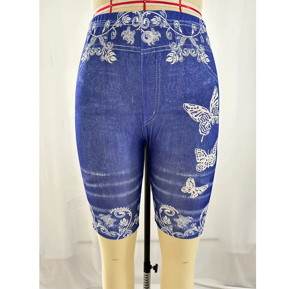 Printed Denim Butterfly Sports Leggings - Light Blue / S