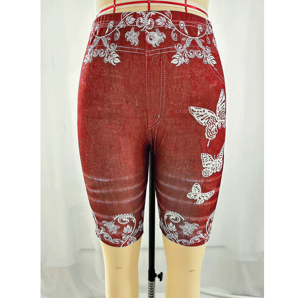 Printed Denim Butterfly Sports Leggings - Wine Red / S