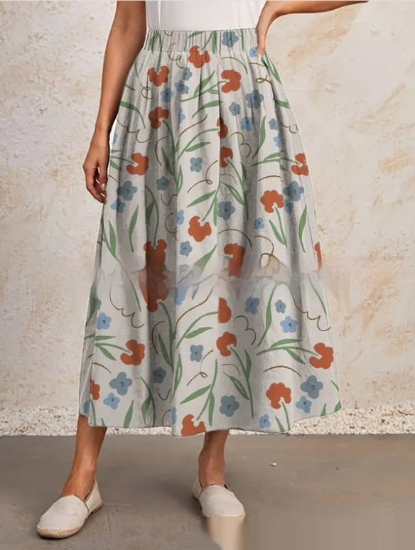 Printed Elastic Waist Slimming Large Hem Skirt